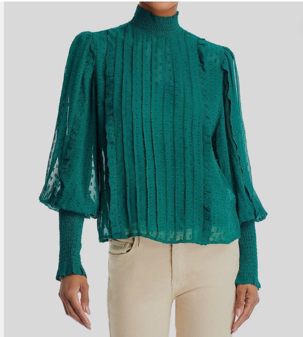 Farm Rio Green Ruffle Clip Dot Smocked Mock Neck Balloon Sleeve Blouse S